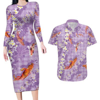 Purple Palaka Hawaiian And Japanese Couples Matching Long Sleeve Bodycon Dress and Hawaiian Shirt Sakura Lei With Koi Fish - Polynesian Pride