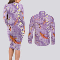 Purple Palaka Hawaiian And Japanese Couples Matching Long Sleeve Bodycon Dress and Long Sleeve Button Shirt Sakura Lei With Koi Fish - Polynesian Pride