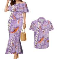 Purple Palaka Hawaiian And Japanese Couples Matching Mermaid Dress and Hawaiian Shirt Sakura Lei With Koi Fish - Polynesian Pride