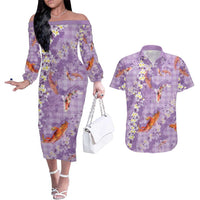 Purple Palaka Hawaiian And Japanese Couples Matching Off The Shoulder Long Sleeve Dress and Hawaiian Shirt Sakura Lei With Koi Fish - Polynesian Pride