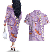 Purple Palaka Hawaiian And Japanese Couples Matching Off The Shoulder Long Sleeve Dress and Hawaiian Shirt Sakura Lei With Koi Fish - Polynesian Pride