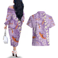 Purple Palaka Hawaiian And Japanese Couples Matching Off The Shoulder Long Sleeve Dress and Hawaiian Shirt Sakura Lei With Koi Fish - Polynesian Pride