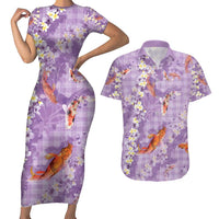 Purple Palaka Hawaiian And Japanese Couples Matching Short Sleeve Bodycon Dress and Hawaiian Shirt Sakura Lei With Koi Fish - Polynesian Pride