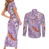 Purple Palaka Hawaiian And Japanese Couples Matching Short Sleeve Bodycon Dress and Long Sleeve Button Shirt Sakura Lei With Koi Fish - Polynesian Pride