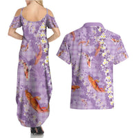 Purple Palaka Hawaiian And Japanese Couples Matching Summer Maxi Dress and Hawaiian Shirt Sakura Lei With Koi Fish - Polynesian Pride