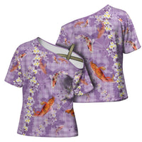 Purple Palaka Hawaiian And Japanese Cross Shoulder Shirt Sakura Lei With Koi Fish - Polynesian Pride