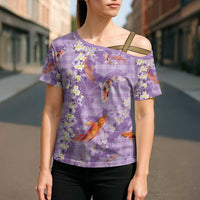 Purple Palaka Hawaiian And Japanese Cross Shoulder Shirt Sakura Lei With Koi Fish - Polynesian Pride