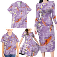 Purple Palaka Hawaiian And Japanese Family Matching Long Sleeve Bodycon Dress and Hawaiian Shirt Sakura Lei With Koi Fish - Polynesian Pride