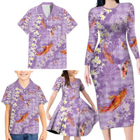 Purple Palaka Hawaiian And Japanese Family Matching Long Sleeve Bodycon Dress and Hawaiian Shirt Sakura Lei With Koi Fish - Polynesian Pride