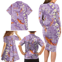 Purple Palaka Hawaiian And Japanese Family Matching Long Sleeve Bodycon Dress and Hawaiian Shirt Sakura Lei With Koi Fish - Polynesian Pride