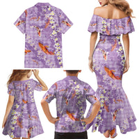 Purple Palaka Hawaiian And Japanese Family Matching Mermaid Dress and Hawaiian Shirt Sakura Lei With Koi Fish - Polynesian Pride
