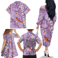 Purple Palaka Hawaiian And Japanese Family Matching Off The Shoulder Long Sleeve Dress and Hawaiian Shirt Sakura Lei With Koi Fish - Polynesian Pride