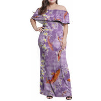 Purple Palaka Hawaiian And Japanese Family Matching Off Shoulder Maxi Dress and Hawaiian Shirt Sakura Lei With Koi Fish - Polynesian Pride