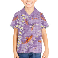 Purple Palaka Hawaiian And Japanese Family Matching Off Shoulder Maxi Dress and Hawaiian Shirt Sakura Lei With Koi Fish - Polynesian Pride