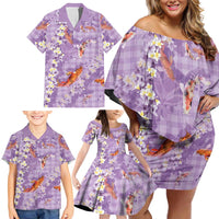 Purple Palaka Hawaiian And Japanese Family Matching Off Shoulder Short Dress and Hawaiian Shirt Sakura Lei With Koi Fish - Polynesian Pride