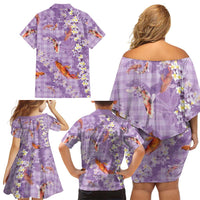 Purple Palaka Hawaiian And Japanese Family Matching Off Shoulder Short Dress and Hawaiian Shirt Sakura Lei With Koi Fish - Polynesian Pride