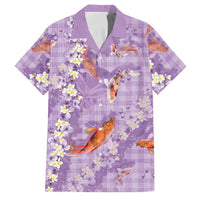 Purple Palaka Hawaiian And Japanese Family Matching Short Sleeve Bodycon Dress and Hawaiian Shirt Sakura Lei With Koi Fish - Polynesian Pride