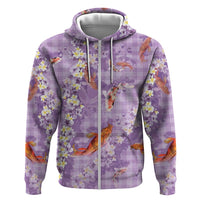 Purple Palaka Hawaiian And Japanese Hoodie Sakura Lei With Koi Fish - Polynesian Pride