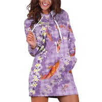 Purple Palaka Hawaiian And Japanese Hoodie Dress Sakura Lei With Koi Fish - Polynesian Pride