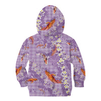 Purple Palaka Hawaiian And Japanese Kid Hoodie Sakura Lei With Koi Fish - Polynesian Pride
