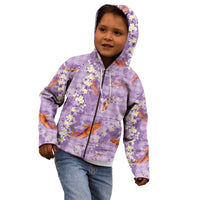 Purple Palaka Hawaiian And Japanese Kid Hoodie Sakura Lei With Koi Fish - Polynesian Pride