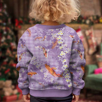 Purple Palaka Hawaiian And Japanese Kid Ugly Christmas Sweater Sakura Lei With Koi Fish - Polynesian Pride