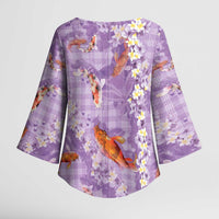 Purple Palaka Hawaiian And Japanese Kimono Sleeve Blouse Sakura Lei With Koi Fish - Polynesian Pride
