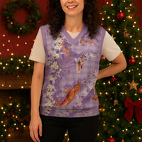 Purple Palaka Hawaiian And Japanese Christmas Knitted V-Neck Vest Sakura Lei With Koi Fish - Polynesian Pride