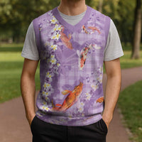 Purple Palaka Hawaiian And Japanese Christmas Knitted V-Neck Vest Sakura Lei With Koi Fish - Polynesian Pride