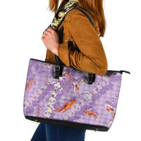 Purple Palaka Hawaiian And Japanese Leather Tote Bag Sakura Lei With Koi Fish - Polynesian Pride