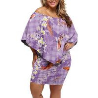 Purple Palaka Hawaiian And Japanese Off Shoulder Short Dress Sakura Lei With Koi Fish - Polynesian Pride