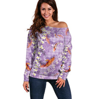 Purple Palaka Hawaiian And Japanese Off Shoulder Sweater Sakura Lei With Koi Fish - Polynesian Pride