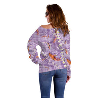 Purple Palaka Hawaiian And Japanese Off Shoulder Sweater Sakura Lei With Koi Fish - Polynesian Pride