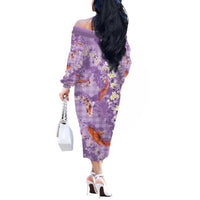 Purple Palaka Hawaiian And Japanese Off The Shoulder Long Sleeve Dress Sakura Lei With Koi Fish - Polynesian Pride