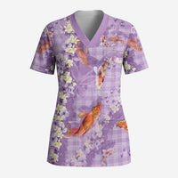 Purple Palaka Hawaiian And Japanese Scrub Top Sakura Lei With Koi Fish - Polynesian Pride