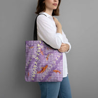 Purple Palaka Hawaiian And Japanese Tote Bag Sakura Lei With Koi Fish - Polynesian Pride