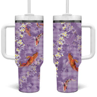Purple Palaka Hawaiian And Japanese Tumbler With Handle Sakura Lei With Koi Fish - Polynesian Pride
