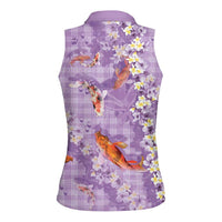 Purple Palaka Hawaiian And Japanese Women Sleeveless Polo Shirt Sakura Lei With Koi Fish - Polynesian Pride
