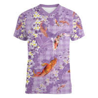 Purple Palaka Hawaiian And Japanese Women V-Neck T-Shirt Sakura Lei With Koi Fish - Polynesian Pride