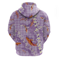 Purple Palaka Hawaiian And Japanese Zip Hoodie Sakura Lei With Koi Fish - Polynesian Pride
