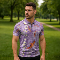 Purple Palaka Hawaiian And Japanese Zipper Polo Shirt Sakura Lei With Koi Fish - Polynesian Pride