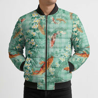 Green Palaka Hawaiian And Japanese Bomber Puffer Jacket Sakura Lei With Koi Fish - Polynesian Pride