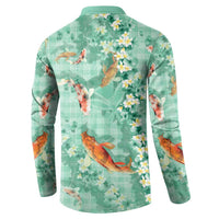 Green Palaka Hawaiian And Japanese Button Sweatshirt Sakura Lei With Koi Fish - Polynesian Pride