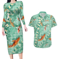 Green Palaka Hawaiian And Japanese Couples Matching Long Sleeve Bodycon Dress and Hawaiian Shirt Sakura Lei With Koi Fish - Polynesian Pride