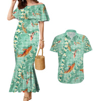 Green Palaka Hawaiian And Japanese Couples Matching Mermaid Dress and Hawaiian Shirt Sakura Lei With Koi Fish - Polynesian Pride