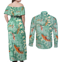 Green Palaka Hawaiian And Japanese Couples Matching Off Shoulder Maxi Dress and Long Sleeve Button Shirt Sakura Lei With Koi Fish - Polynesian Pride