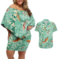 Green Palaka Hawaiian And Japanese Couples Matching Off Shoulder Short Dress and Hawaiian Shirt Sakura Lei With Koi Fish - Polynesian Pride