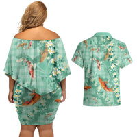 Green Palaka Hawaiian And Japanese Couples Matching Off Shoulder Short Dress and Hawaiian Shirt Sakura Lei With Koi Fish - Polynesian Pride