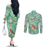 Green Palaka Hawaiian And Japanese Couples Matching Off The Shoulder Long Sleeve Dress and Long Sleeve Button Shirt Sakura Lei With Koi Fish - Polynesian Pride