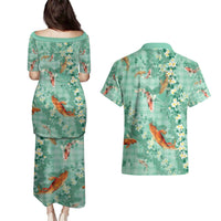 Green Palaka Hawaiian And Japanese Couples Matching Puletasi and Hawaiian Shirt Sakura Lei With Koi Fish - Polynesian Pride